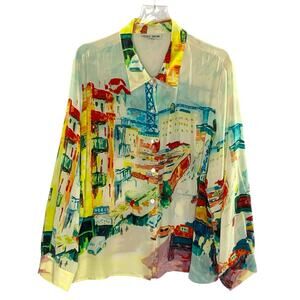 Nicole Taylor 3X Silk Beaded Scenic City Scape Europe Print Shirt Travel *flaw